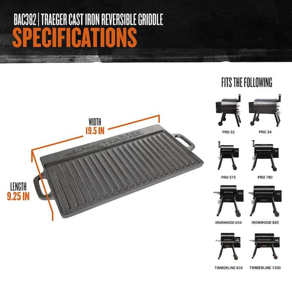Traeger Cast Iron Reversible Griddle Pre-Seasoned Black Dual Sided BAC382