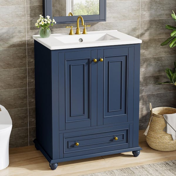 24 in. Single Sink Freestanding Blue Bath Vanity with White Cultured Marble Top