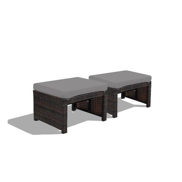 Unbranded Mix Brown Frame Wicker Outdoor Ottomans with Gray Cushions (2-Pack)