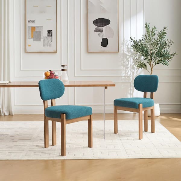 Norseman Mid-Century Modern Blue+Brown Fabric Upholstered Dining Chairs with Wood Legs, (Set of 2), Teal