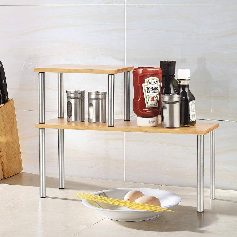 Bamboo and Stainless Steel 2-Tier Corner Storage Shelf
