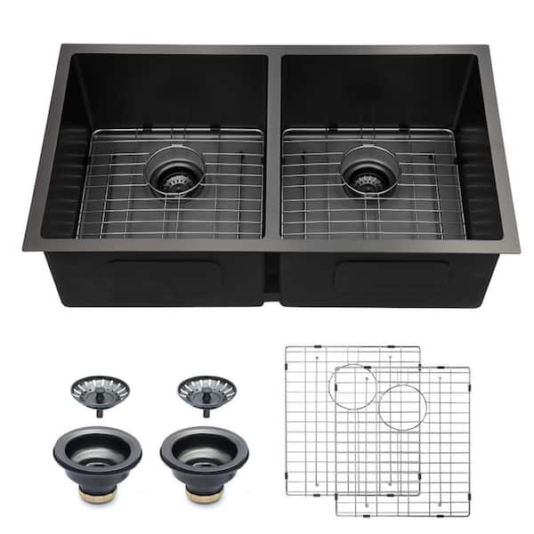 33 in. Undermount Double Bowl Gunmetal Black 304 Stainless Steel Round Corner Kitchen Sink with Bottom Grid