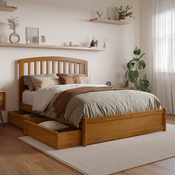 Lucia Light Toffee Natural Bronze Solid Wood Frame Full Platform Bed with Panel Footboard Storage Drawers