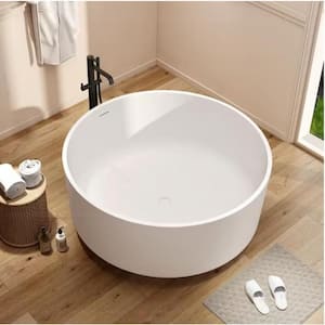 Moray 49 in. x 49 in. Stone Resin Flatbottom Round Solid Surface Freestanding Soaking Bathtub in White with Brass Drain