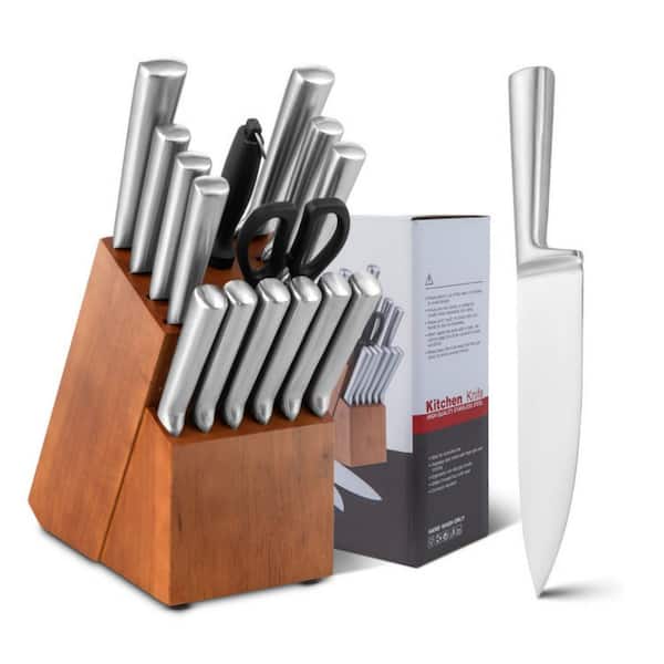Styled Settings White Knife Set with Block and Sharpener Tool, 14 Piece Knife Set with Block, Stainless Steel Knives Set - Including Heavy Duty Butche