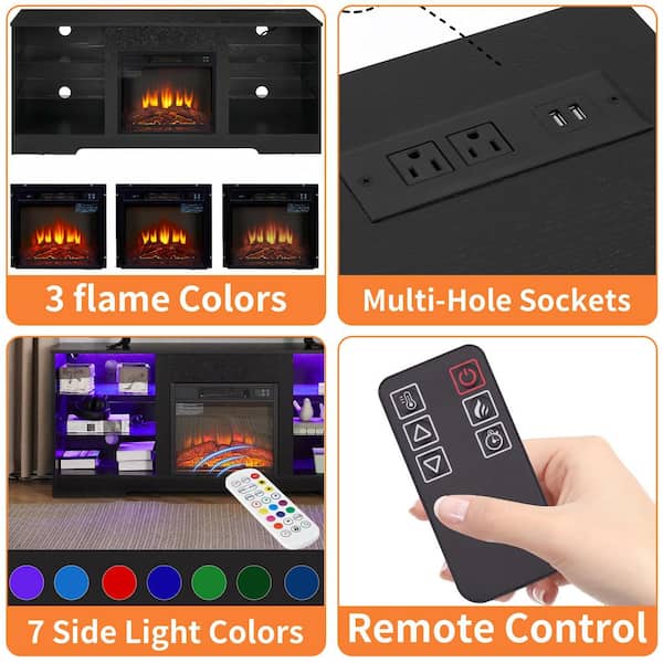 58 in. Freestanding Wood Electric Fireplace TV Stand with Glass Shelves, LED Lights, USB Charging Outlet for 62 in TV