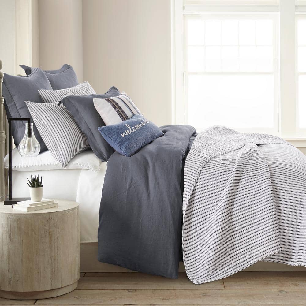 Twin Charcoal Cotton Reversible Stripe Quilt Set