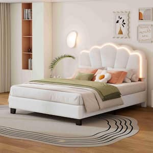 White Wood Frame Full Size Upholstered Platform Bed with LED Light Strip Elegant Flowers Headboard