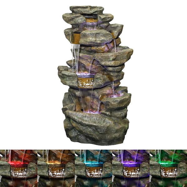 Outdoor 6 Tier Rainforest Waterfalls Floor Fountain with Color Changing LED Lights and Remote Control ,51 in. Tall, Gray
