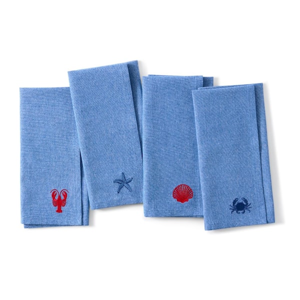 Threadmade Coastal Embroidered Napkins, Set of 4, Blue - 17"W x 17"L