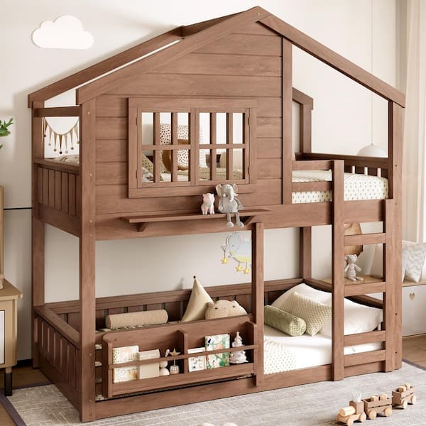 Brown/Natural Wood Twin Wood Loft Bed with Bookshelf