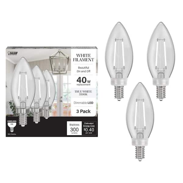 40-Watt Equivalent B10 E12 Candelabra Dim White Filament Clear Glass Chandelier LED Light Bulb True White 3500K (3-Pack)