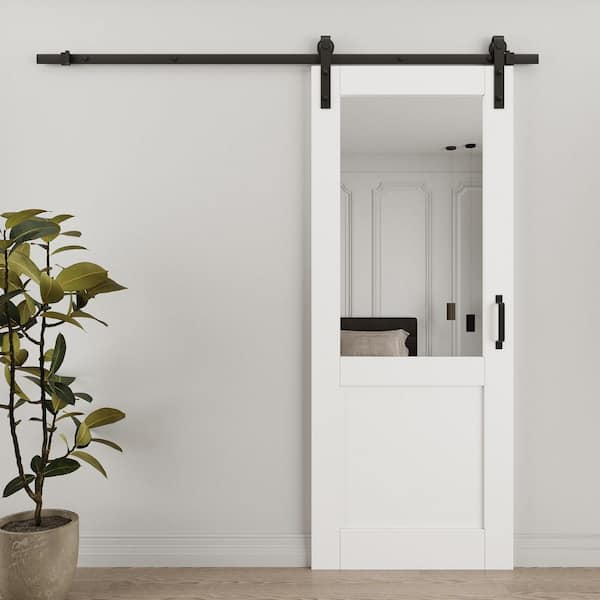 32 in. x 80 in. 1/2-Lite Mirrored Glass White Primed Sliding Barn Door with Hardware Kit