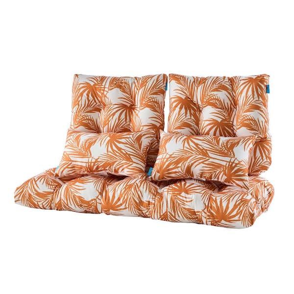BLISSWALK Outdoor Loveseat Bench Cushions with 2 Lumbar Pillows Set of 5 Wicker Tufted Cushions for Patio Furniture in Orange Leaf