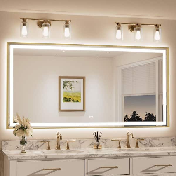 72 in. W x 36 in. H Rectangular Framed LED Lighted Bathroom Vanity Mirror with Light in Gold with Backlit and Anti-Fog