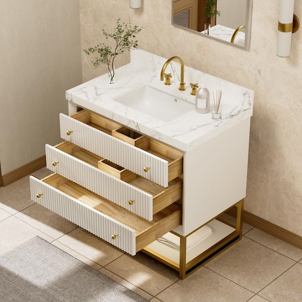 Solidoak 36 in. W x 22 in. D x 35.4 in. H Single Sink Bath Vanity in White with White Engineered Marble Top