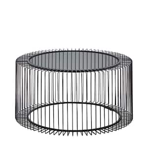 32 in. Black Medium Round Metal Open Wire Frame Coffee Table with Shaded Glass Top