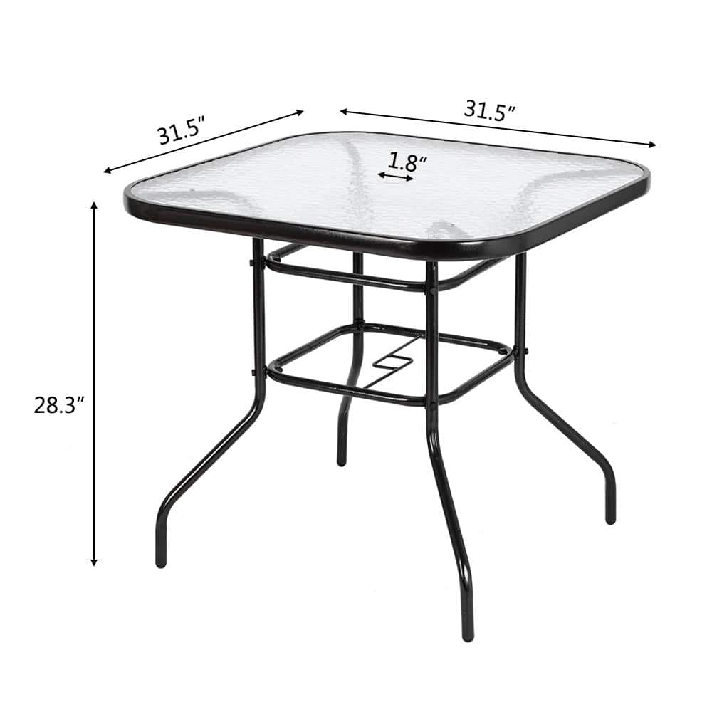 32" Square Black Steel Outdoor Dining Table with Glass Top