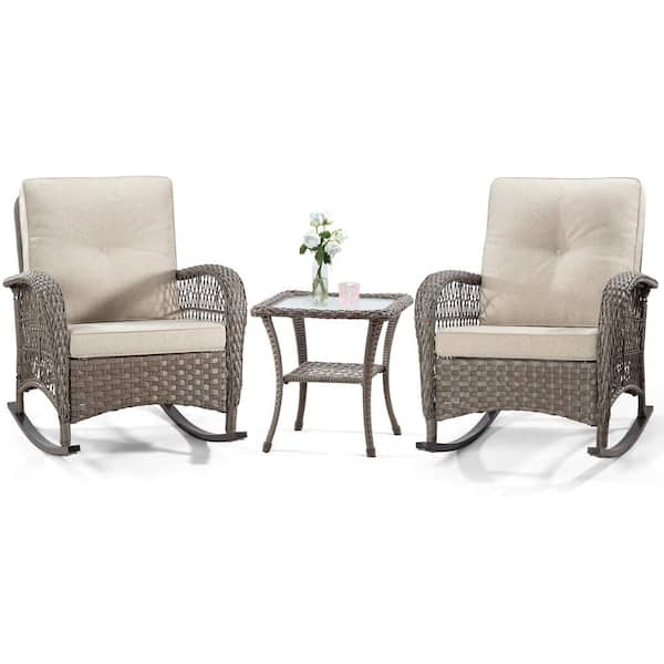 Zeus & Ruta 3-Piece Wicker Outdoor Rocking Chairs Patio Conversation Set with Beige Cushions for Porch Deck Garden Backyard