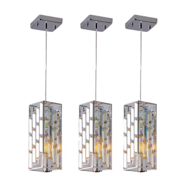 60-Watt 3 Light Chrome Shaded Kitchen Pendant Light with Prism Design Crystal Shade, No Bulbs Included