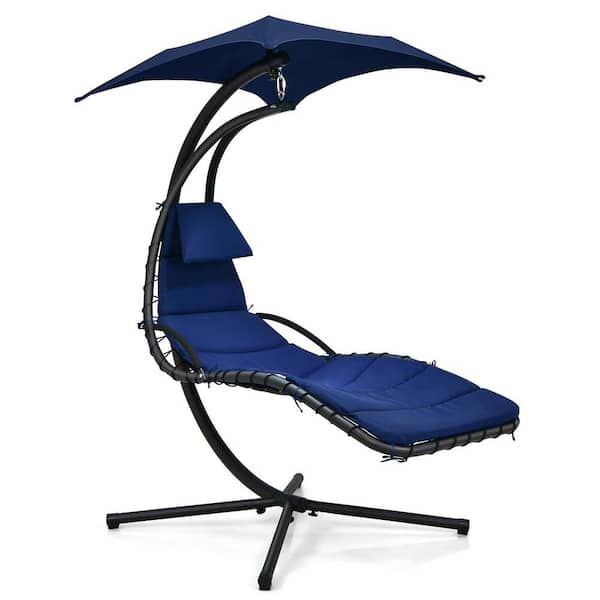 Costway 6 ft. Free Standing Patio Hanging Lounge Chaise Hammock Chair Removable Canopy Navy