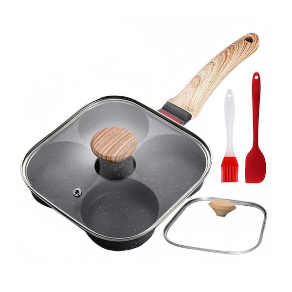 1-Piece Omelette Pans Aluminum 4-Cup Nonstick Egg Frying Pan with Lid Black Eco-Friendly Material Gas Induction Set