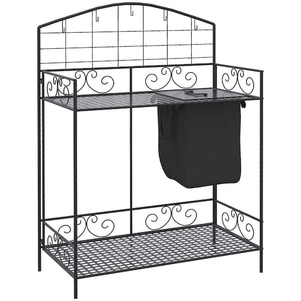 Zeus & Ruta 47.30 in. Black Metal Garden Trellies, Folding Work Bench with Large Build-in Bag, 5-Hanging Hooks, Storage Shelf