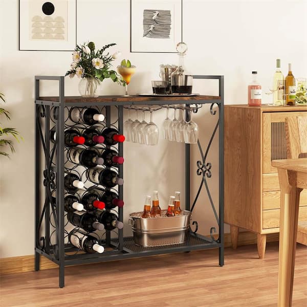21-Bottle Rustic Brown Wine Rack Freestanding Floor Wine Bottle Organizer with Storage Shelf