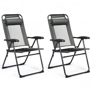 Folding Outdoor Patio Sling Camping Deck Recliner Chairs in Gray with 7-Level Adjustable Backrest (Set of 2)