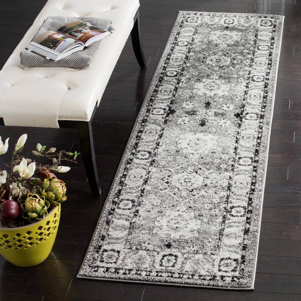 Gray Floral Synthetic Easy Care Runner Rug