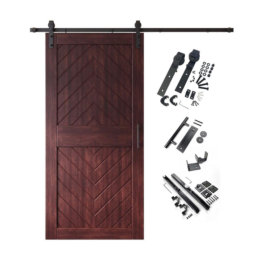 JT2 32 in. x 84 in. C-Panel Red Mahogany Fishbone Design Solid Pine Wood Sliding Barn Door with Hardware Kit price history on PriceWatchPro