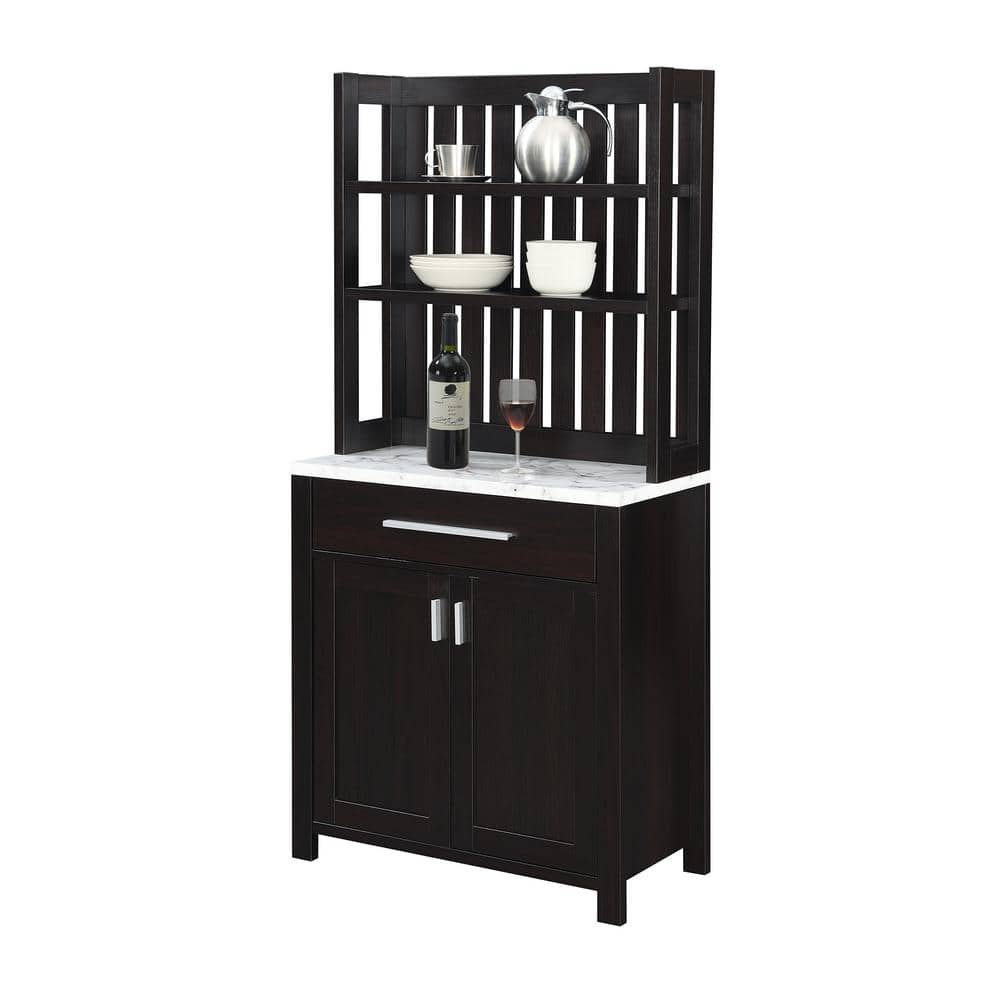 Espresso Wine Bar with White Faux Marble Top and Storage