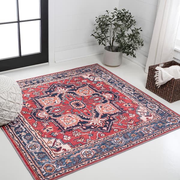 Cirali Ornate Red/Navy 6 ft. Large Medallion Machine-Washable Square Area Rug