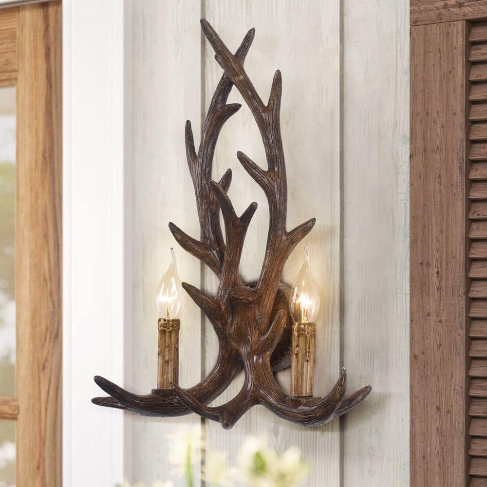 HUOKU Nimbus Rustic Retro Antler 2-Light Brown Wall Sconce