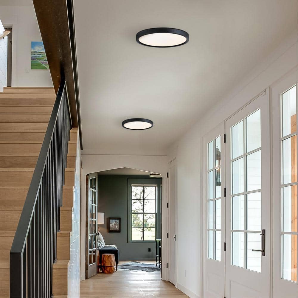 Black Round LED Flush Mount Ceiling Light with White Acrylic Shade