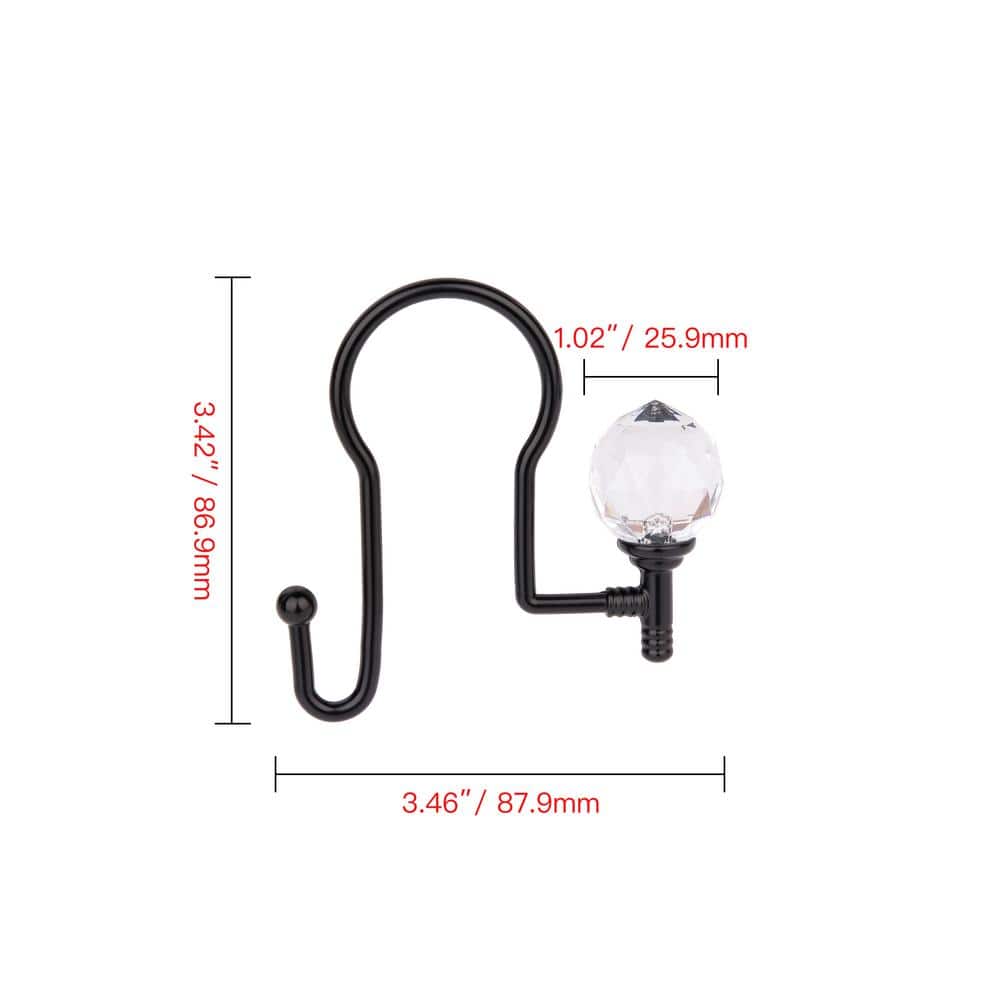 Matte Black Double Shower Curtain Hooks with Crystal Design