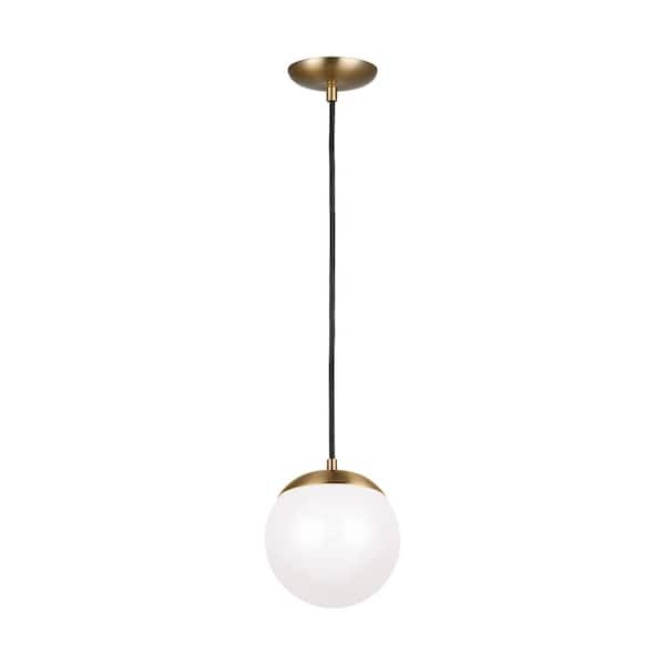 Generation Lighting Leo Hanging Globe 8 in. 9-Watt Integrated LED Satin Brass Pendant with Smooth White Glass Shade