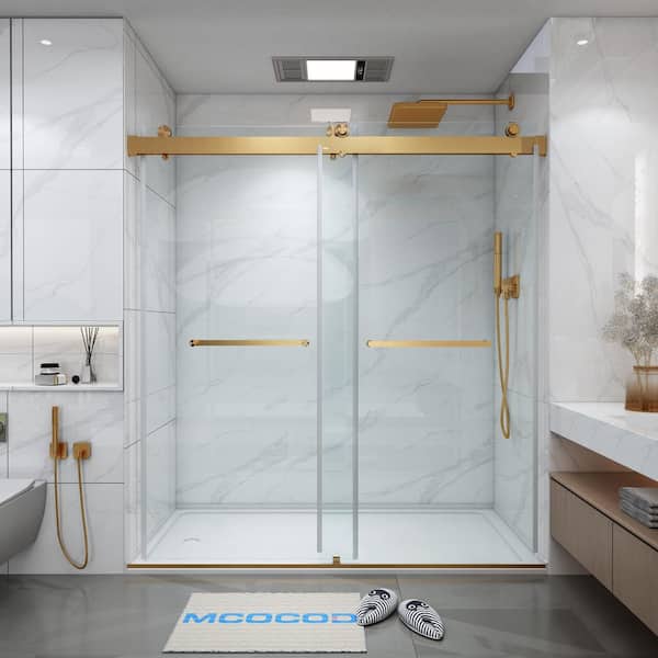 MCOCOD 48 in. W x 76 in. H Double Sliding Frameless Shower Door in Brushed Gold with Soft-Closing and 3/8 in. (10 mm) Glass