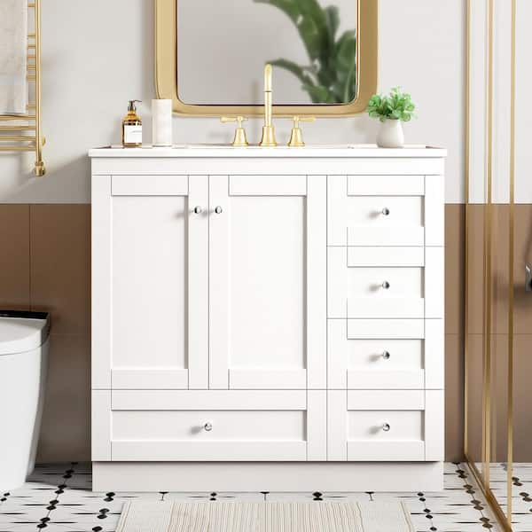 36 in. Single Sink Freestanding White Bath Vanity with White Ceramic Top and 4 Soft-Close Drawers, Unassembled