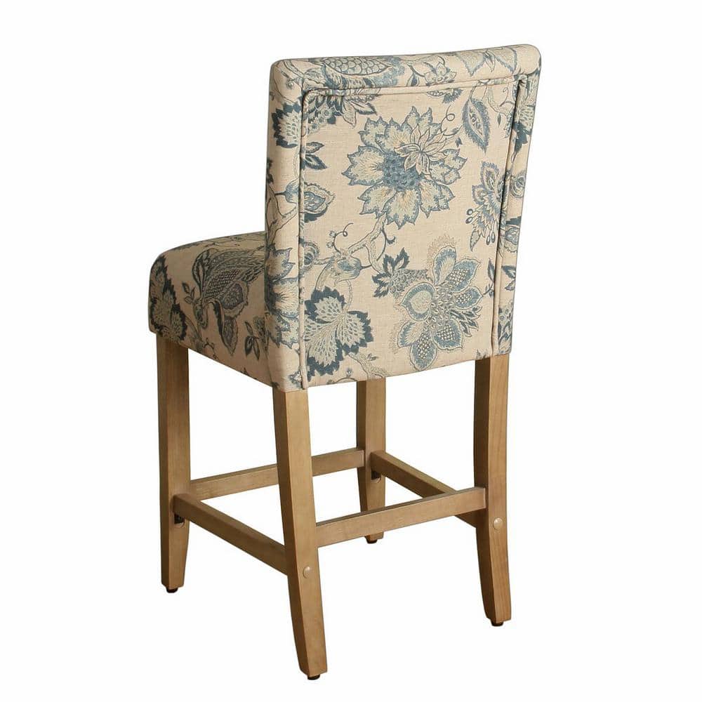 Lexie 24" Blue Floral Upholstered Counter Stool with Wood Legs
