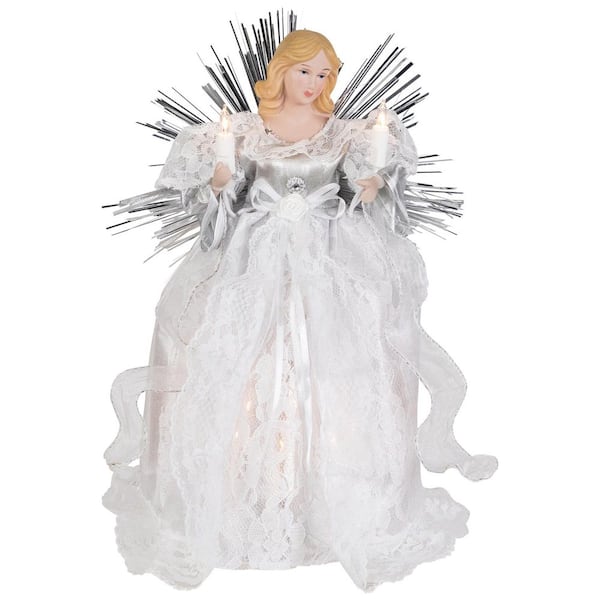 Lighted Angel with Candle Christmas Tree Topper-10.5"-Silver-Clear Lights