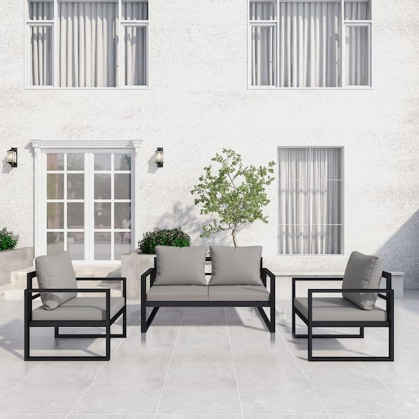 Tunearary Modern Patio Black 3-Piece Metal Outdoor Sectional Sofa with Grey Cushion Conversation Set
