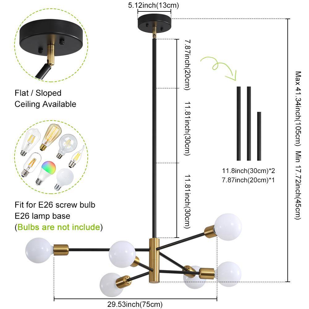 Black and Gold 6-Light Metal Sputnik Chandelier