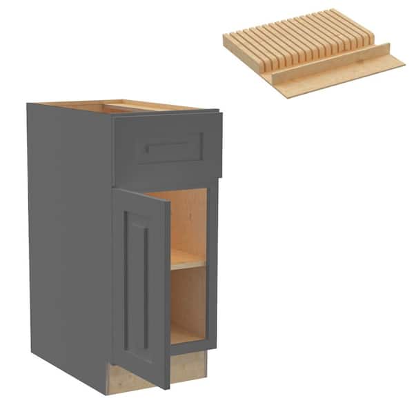 Home Decorators Collection Grayson 15 in. W x 24 in. D x 34.5 in. H Assembled Plywood Base Kitchen Cabinet in Deep Onyx with Knife Block LH
