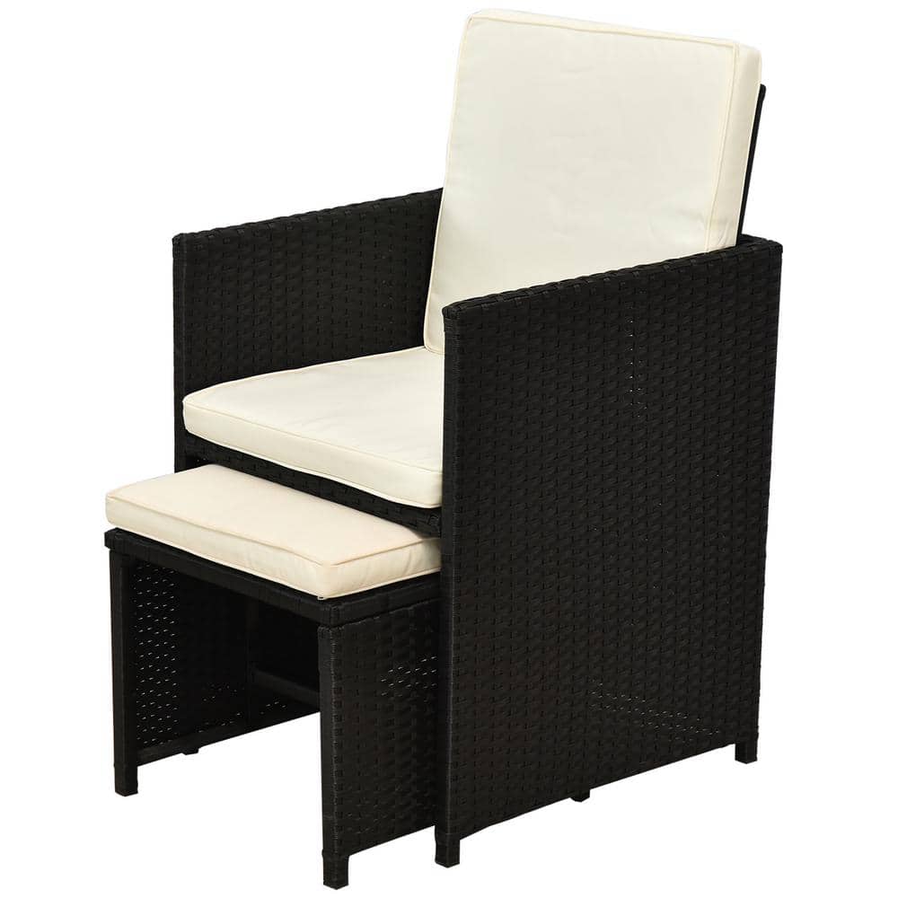 Compact 9-Piece Black Wicker Outdoor Dining Set with Cream Cushions