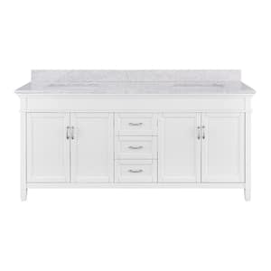 Ashburn 72 in. W x 21.75 in. D Vanity in White with Marble Vanity Top in Carrara White with White Sinks