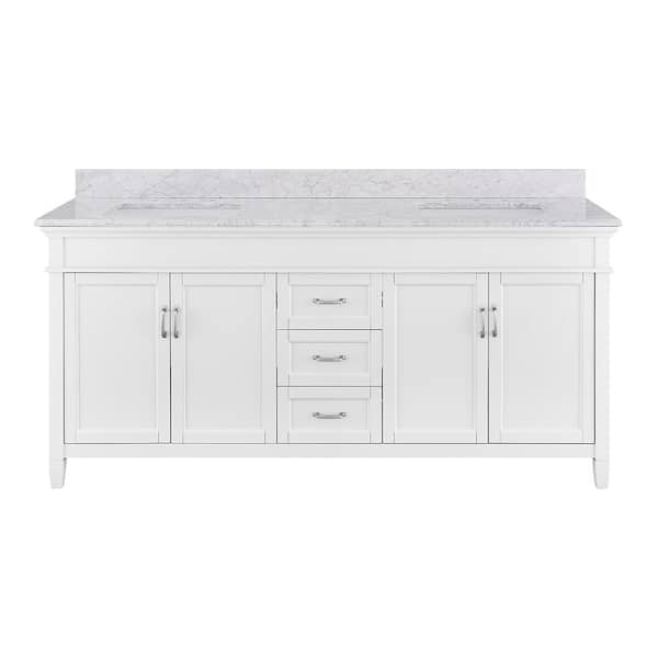 Home Decorators Collection Ashburn 72 in. W x 21.75 in. D Vanity in White with Marble Vanity Top in Carrara White with White Sinks