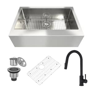 33 in. Farmhouse Single Bowls 18-Gauge Brushed Stainless Steel Kitchen Sink with Faucet and Accessories