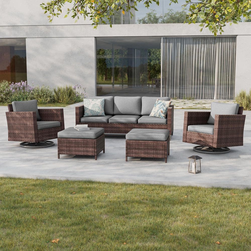 Sonkuki 5-Piece Patio Conversation Set Brown Wicker with Swivel Rocking ...