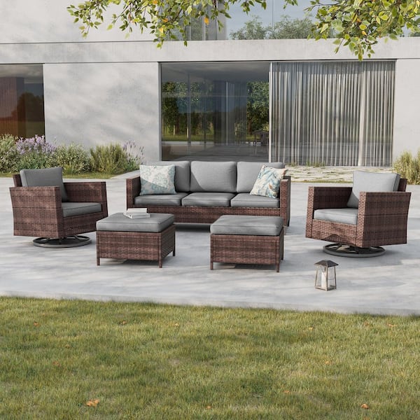 5-Piece Patio Conversation Set Brown Wicker with Swivel Rocking Chair and Gray Thickening Cushions